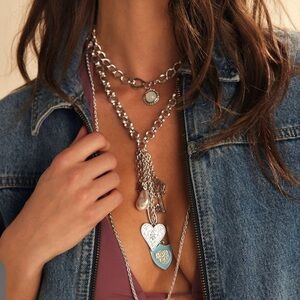 Free People Tate Layer Charm Necklace Silver Multi-Layer Necklace with Heart